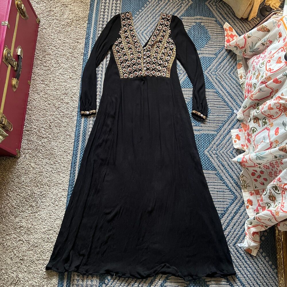 Boho folk embroidered floral romantic goth whimsygoth empire waist midi dress S